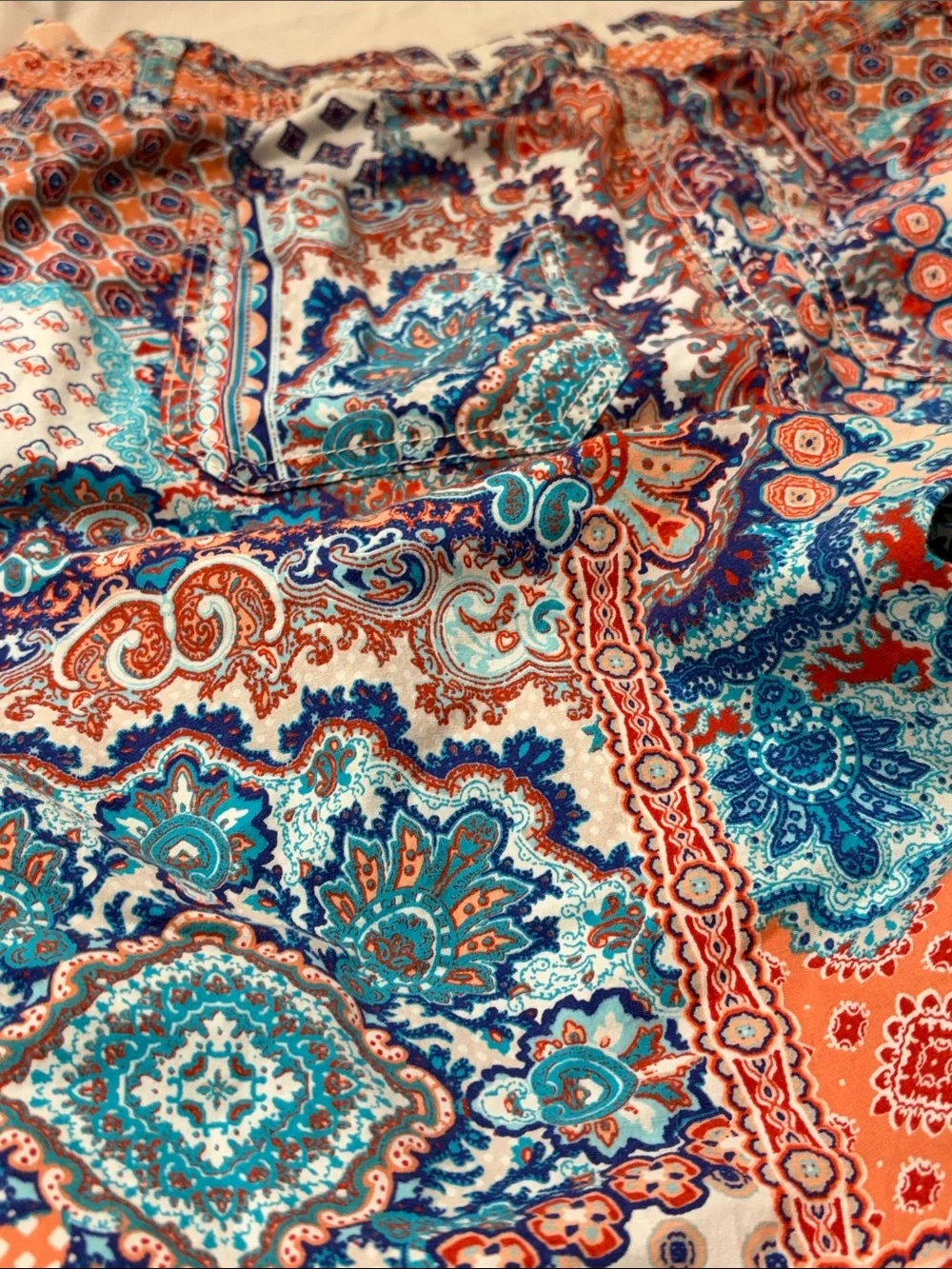 Chico's Coral & Teal Patchwork Print Bermuda Shorts